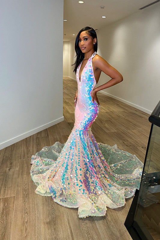 edgynewlook Halter Neck Sequins Sleeveless Mermaid Princess Prom Dress Sleeveless Laser Light Trumpet