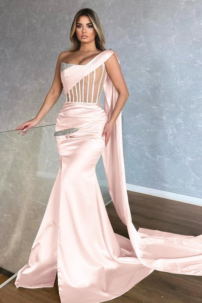 Edgynewlook One Shoulder Sleeveless Champagne Mermaid Prom Dress  With Slit Ruffles