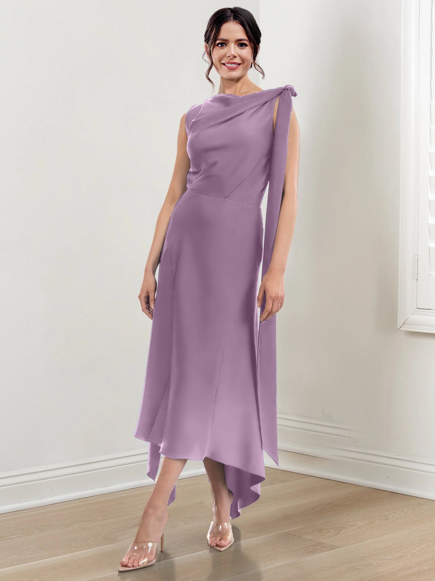 Sheath/Column Jewel Neck Tea-Length Asymmetrical Mother of the Bride Dresses with Ruched