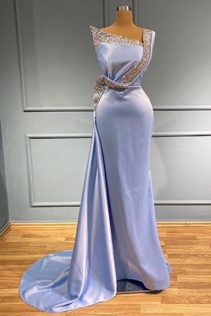 Light Blue One-Shoulder Sleeveless Long Beads Mermaid Prom Dress With Ruffles ED0076