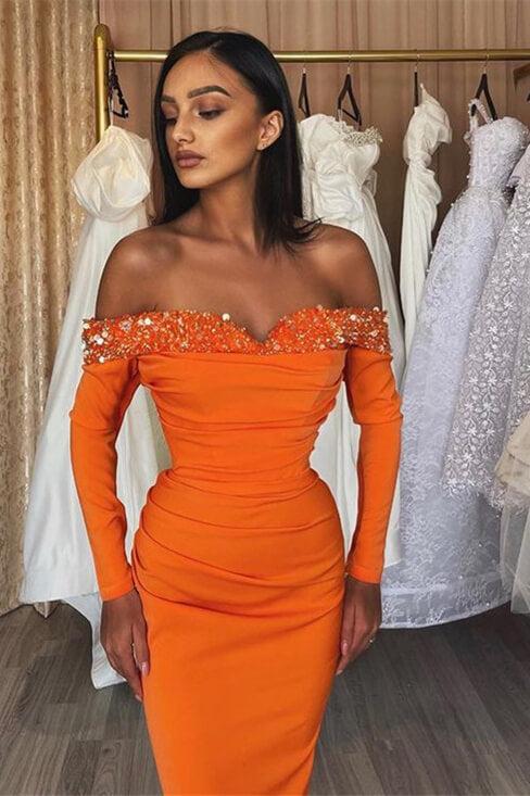 Modern Orange Off-The-Shoulder Long Sleeves Strapless Mermaid Prom Dress With Sequins ED0509