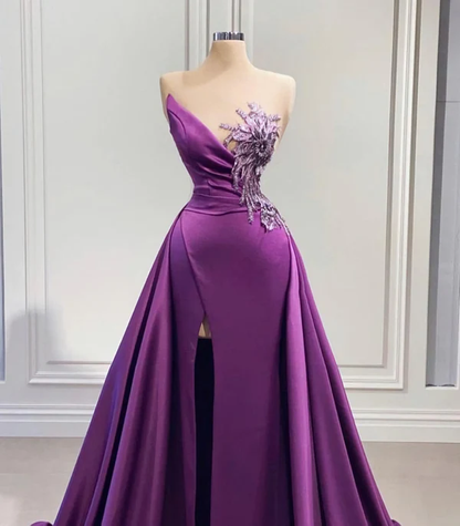 Purple high slit train mermaid dress wedding reception dress satin lace wedding dress ball gown evening dress gh2446