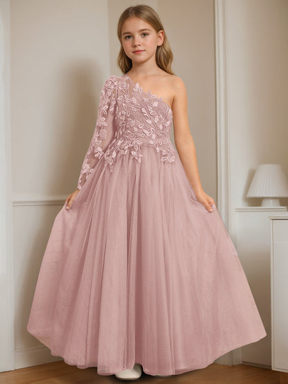 A-Line/Princess One-Shoulder Floor-Length Flower Girl Dress with Appliques