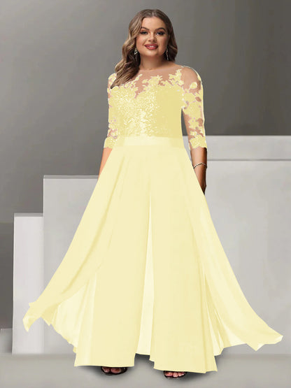 A-Line/Princess Jewel Neck 3/4 Length Sleeves Floor-Length Plus Size Mother of the Bride Pantsuits with Applique