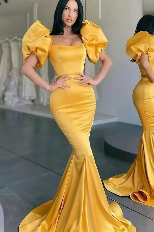 Yellow Square Bubble Sleeves Mermaid Long Prom Dress ED0261