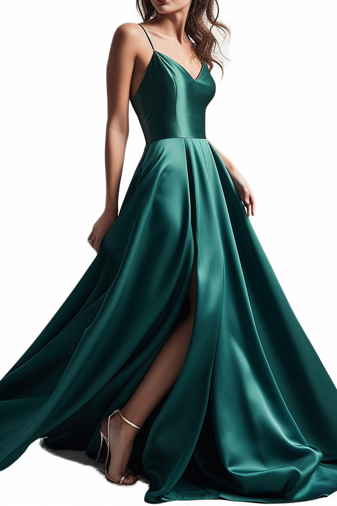 Charmeuse Green Prom Dress Spaghetti Strap Simple With Slit WH-A-19