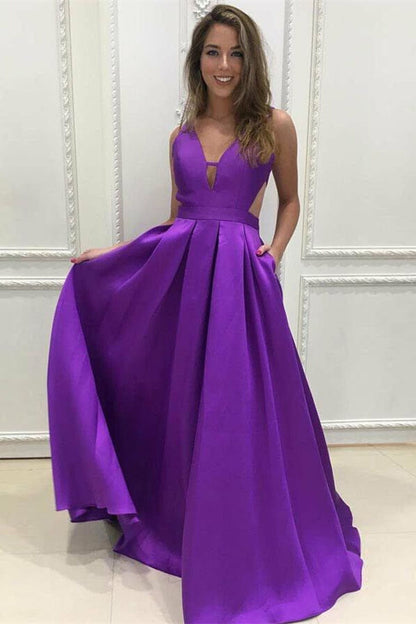 Purple V Neck Sleeveless A-Line Prom Dress With Pockets PD0696