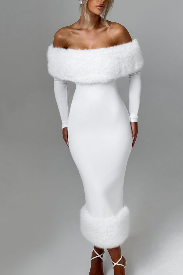 White Strapless Slim Fit Long Sleeves Prom Dress With Fur Collar ZT0338