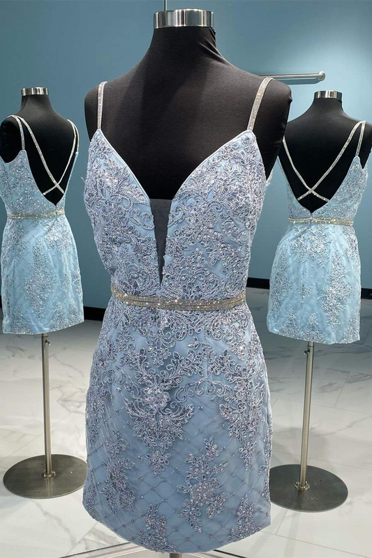 Straps Light Blue Embroidered Bodycon Party Dress  gh1479