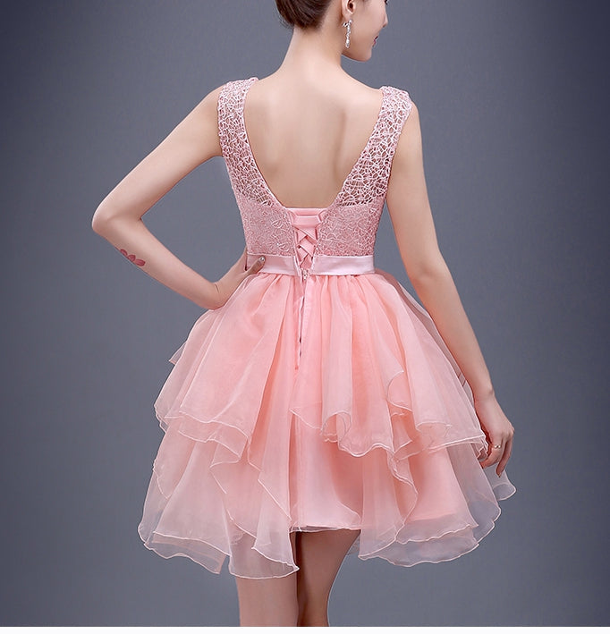 Charming A-line pink lace short prom dress,homecoming dresses  7707