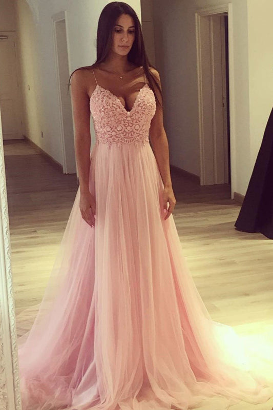 Pink Tulle Lace Prom Dress Spaghetti-Straps PD003