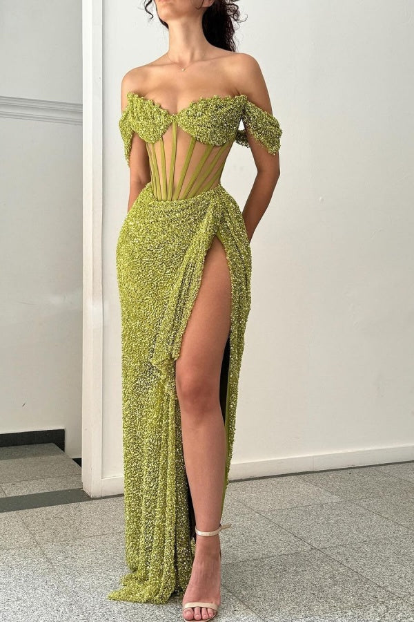 Exquisite Green Off-The-Shoulder Prom Dress With Thigh-High Split  ZT0159