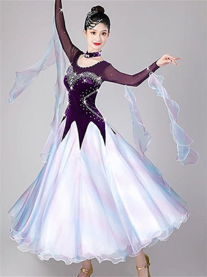 Women's Dancewear Ballroom Dance Dress Splicing Crystals/Rhinestones Women's Performance  Long Sleeve