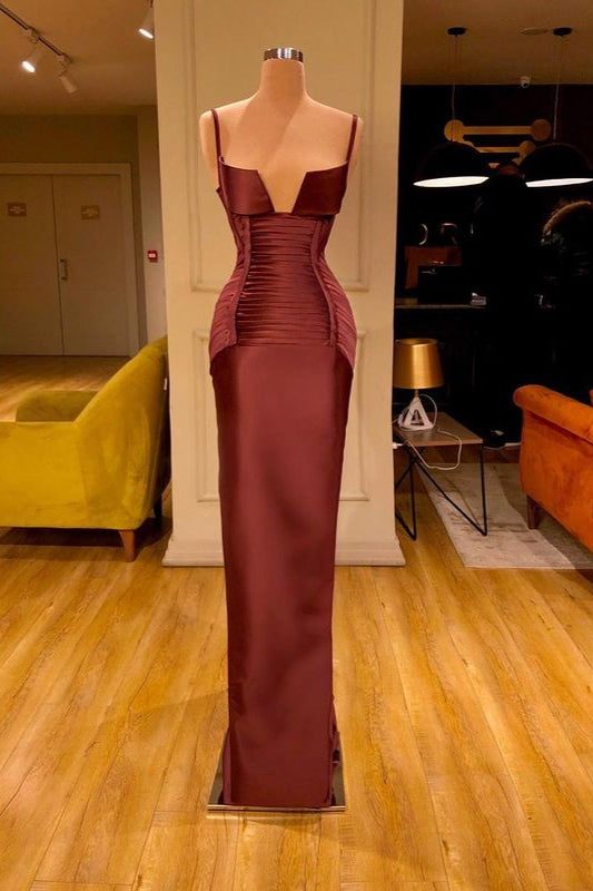 Burgundy Spaghetti-Straps V-Neck Mermaid Prom Dress  PD0632