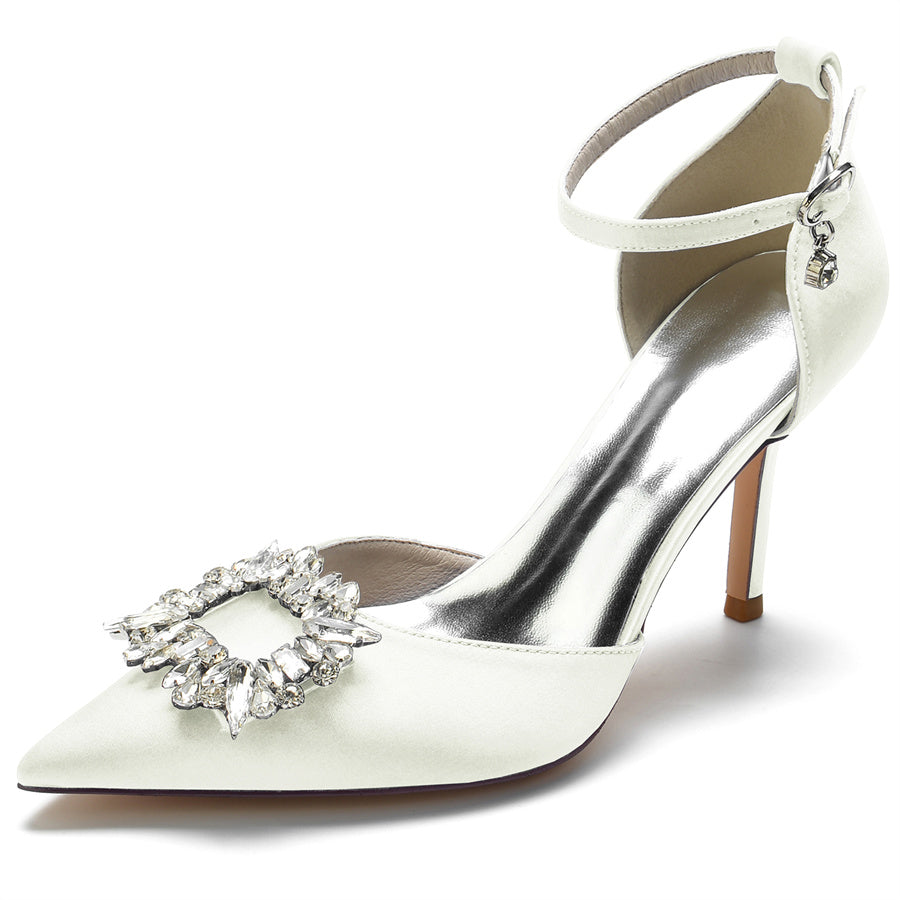 Women's Wedding Shoes Pointed Toe Buckle Bridal Shoes with Square Rhinestones