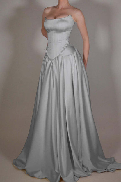 edgynewlook Exquisite Satin Ivory Sleeveless Strapless Long Pleated Prom Dress with Beadings