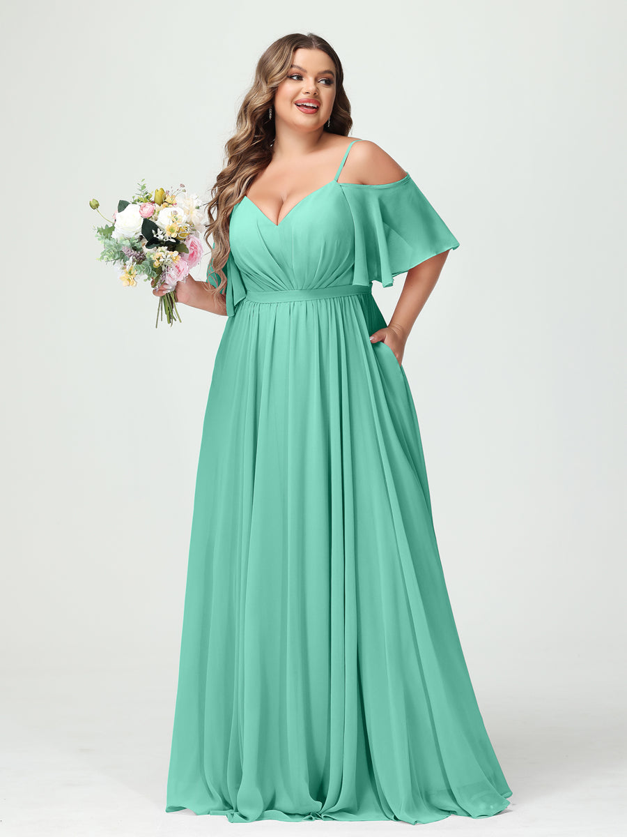 A-Line/Princess/Princess Spaghetti Straps Half Sleeves Chiffon Plus Size Bridesmaid Dresses with Pockets