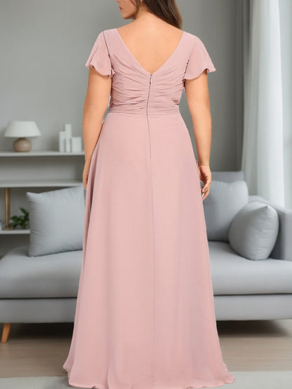 A-Line/Princess V-Neck Short Sleeves Floor-Length Unique Plus Size Bridesmaid Dresses with Ruffles