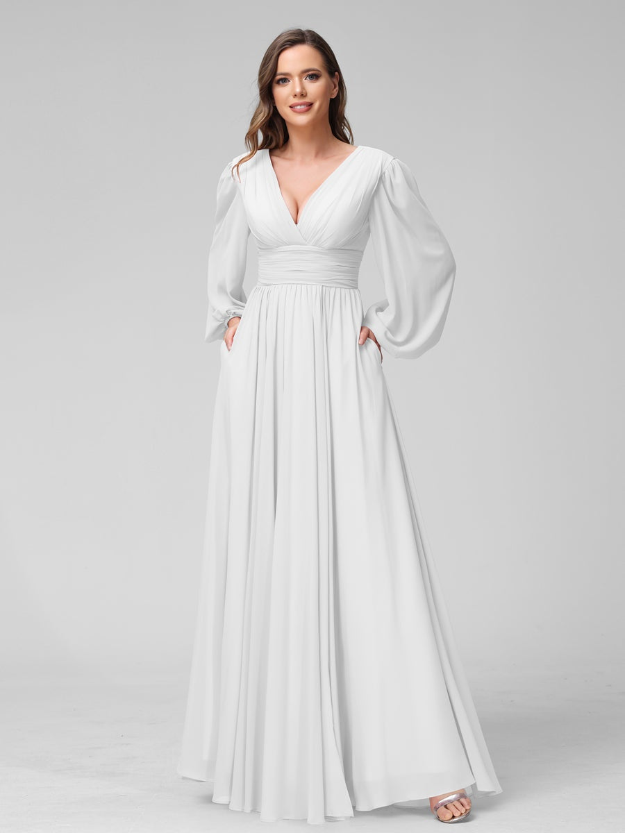 A-Line/Princess V-Neck Long Sleeves Floor-Length Bridemaid Dresses With Split Side & Pockets