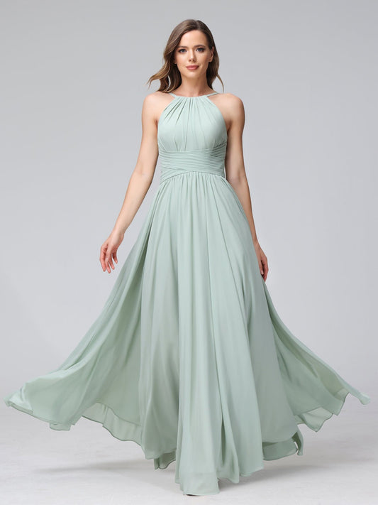 A-Line/Princess Halter Sleeveless Floor-Length Bridemaid Dresses with Ruffles