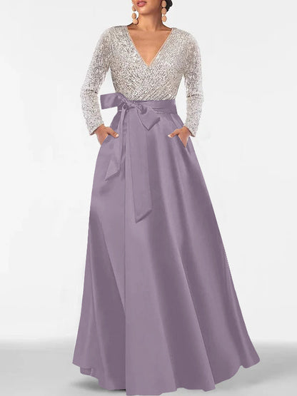 A-Line/Princess V-Neck Long Sleeves Floor-Length Mother of the Bride Dresses With Pocket & Sequins