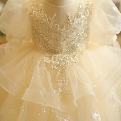 Short Sleeves A-Line/Princess Lace Baby Girl Dress with Beading Appliques & Bow