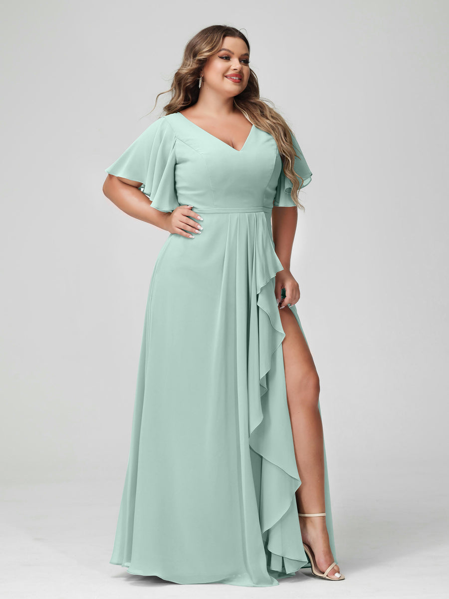 A-Line/Princess V-Neck Half Sleeves Chiffon Plus Size Bridesmaid Dresses with Split Side & Ruffles