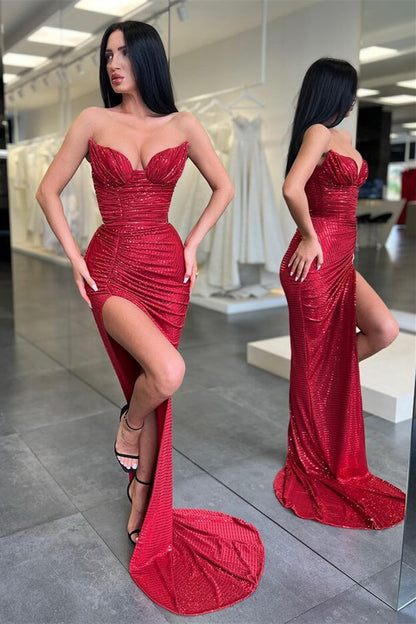 Burgundy Sleeveless Long Sequins Mermaid Prom Dress With Split ED0217