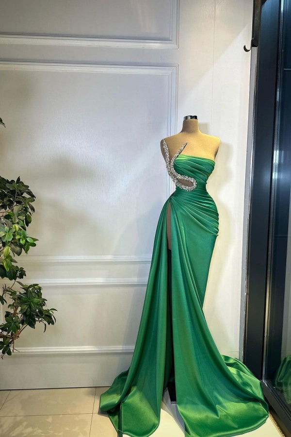 Green Strapless Pleated Long Beaded High Split Prom Dress ZT0204