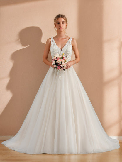 A-Line/Princess Deep V-Neck Sleeveless Floor-Length Unique Wedding Dress with Appliques & Lace