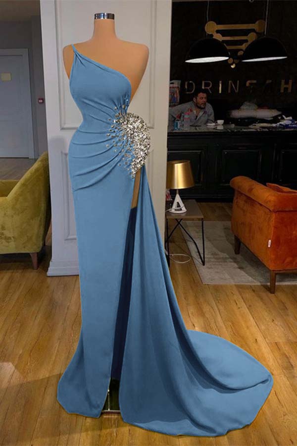 Green One-Shoulder Sleeveless Beadings Mermaid Prom Dress Split ED0025