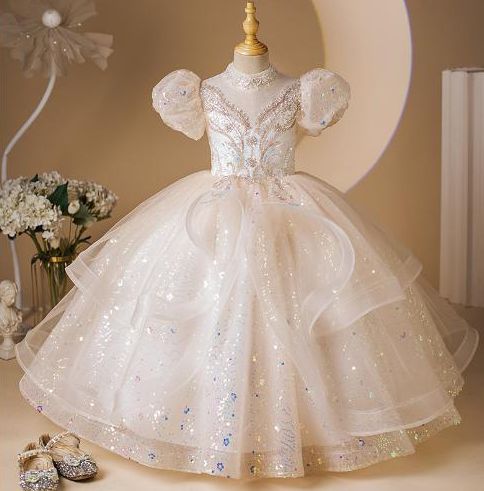 Ball Gown Short Sleeves High Neck Girl Party Dresses with Rhinestone Appliques