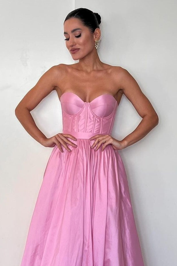 edgynewlook Stunning Pink Satin Sweetheart Sleeveless Strapless Long Prom Dress with Pleated