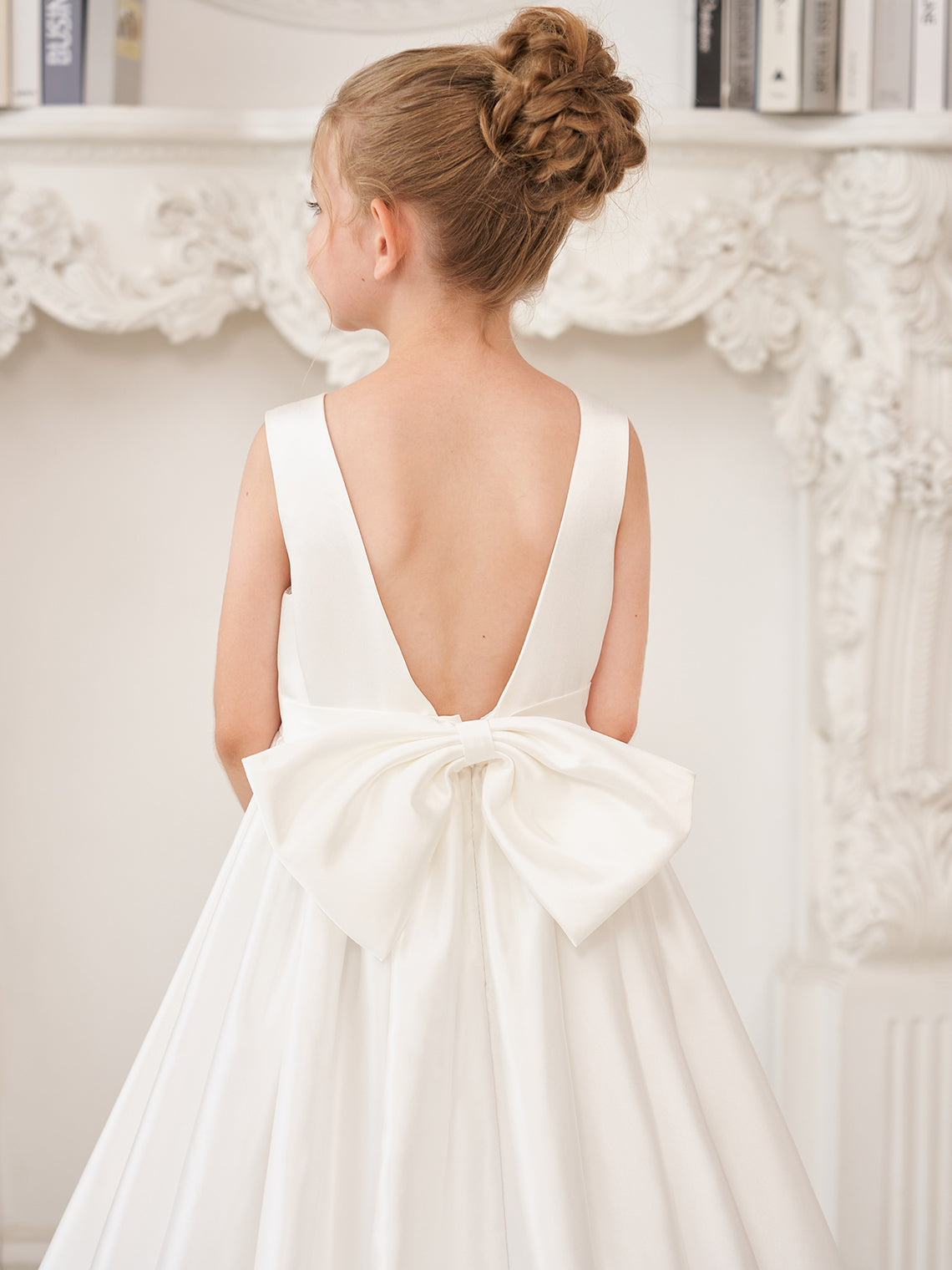 A-Line Princess Sleeveless Satin Flower Girl Dress with Sweep Train and Bow