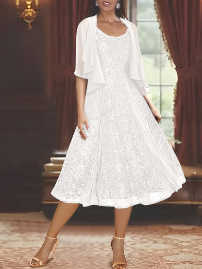 A-Line/Princess Scoop Half Sleeves Tea-Length Mother of the Bride Dresses with Appliques & Jacket