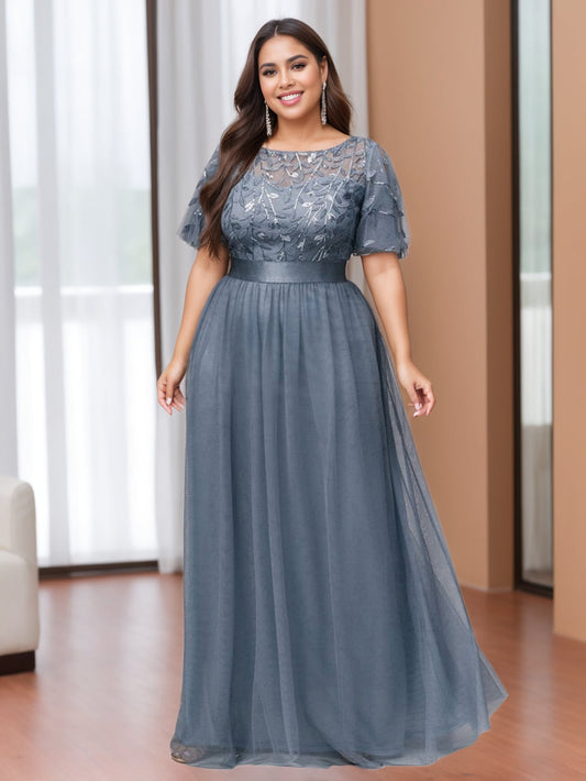 A-Line/Princess Scoop Half Sleeves Floor-Length Plus Size Mother of the Bride Dresses with Appliques