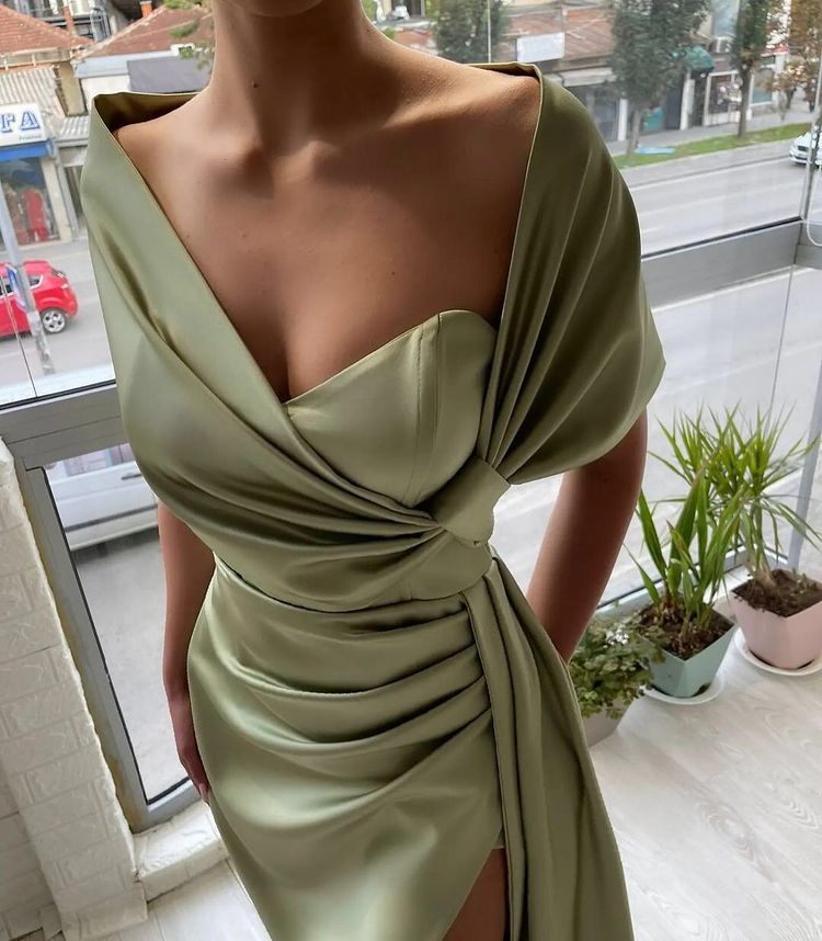 Gorgeous Dusty Sage Portrait V-Neck Pleated Slit Prom Dress With Ruffle ED0486