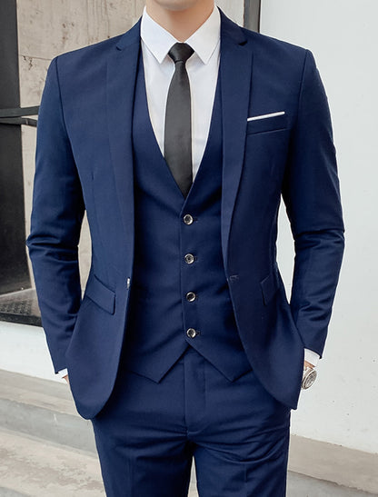 Men's Tailored Fit Single Breasted Two-buttons 3 Pieces Solid Colored Wedding Suits