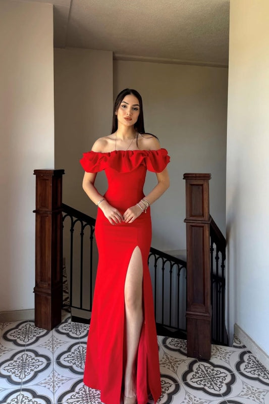 Red Split Ruffles Off-The-Shoulder Prom Dress ZT0450