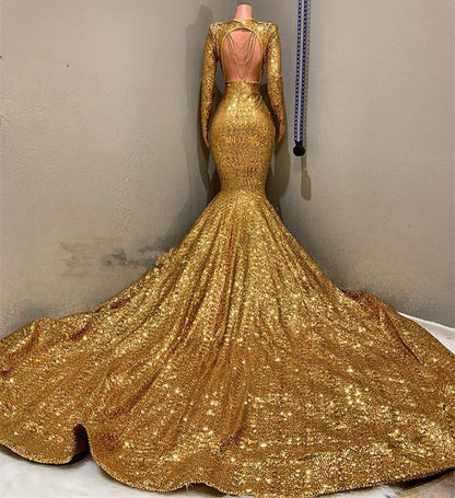 Gold Long Sleeves V-Neck Mermaid Prom Dress With Applique PD0635