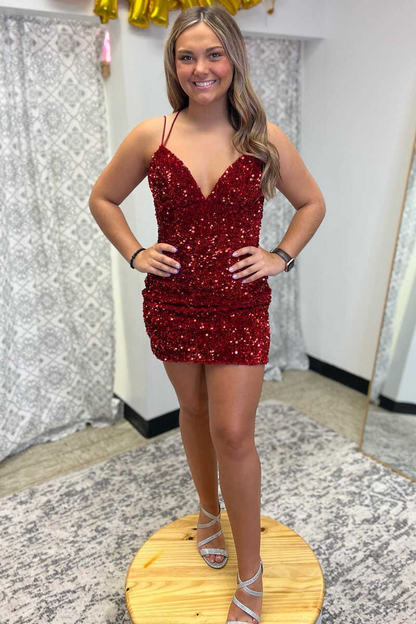 Sequin Spaghetti Straps Lace-Up Bodycon Homecoming Dress gh1421