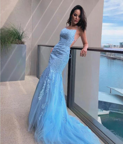 Sky Blue Halter Mermaid Prom Dress PD0198