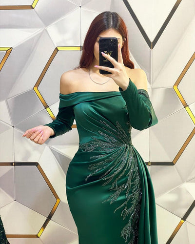 Glamorous Off-the-shoulder Dark Green Prom Dress Pleated Mermaid Dress EP0289