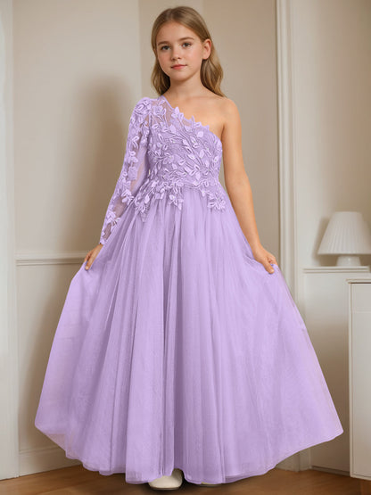 A-Line/Princess One-Shoulder Floor-Length Flower Girl Dress with Appliques