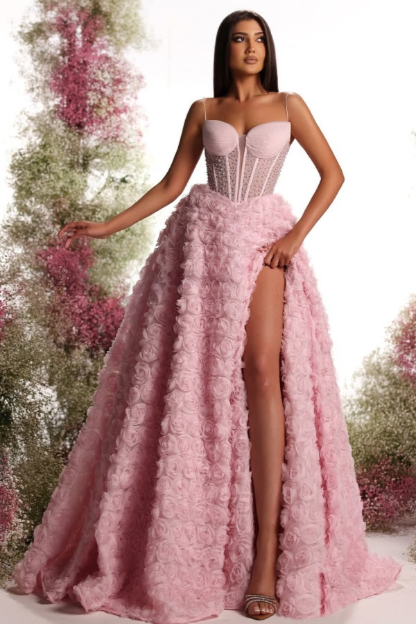 Blushing Pink Spaghetti-Straps Beaded Split Flowers Prom Dress ZT0542