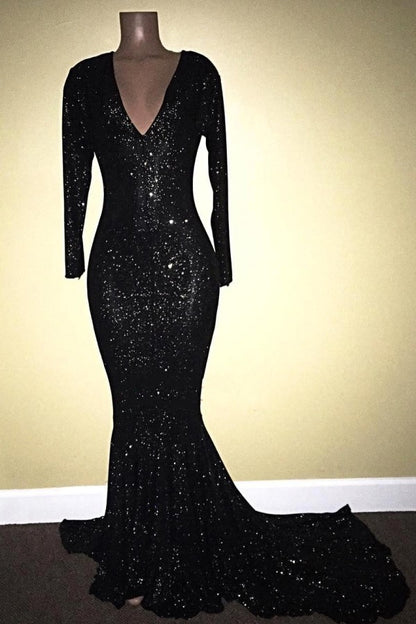 edgynewlook Long Sleeves V-Neck Mermaid Prom Dress Black With Sequins