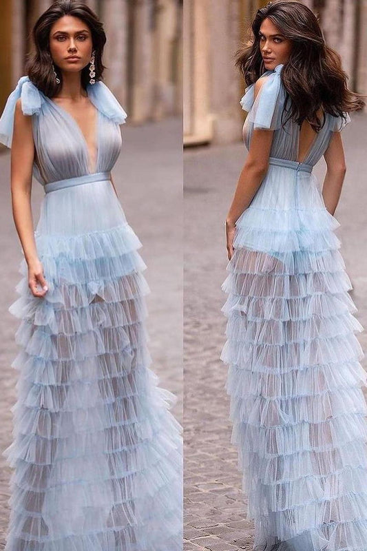 edgynewlook Stunning Blue Tulle Spaghtti Strap Sleeveless Long Prom Dress with Ruffles