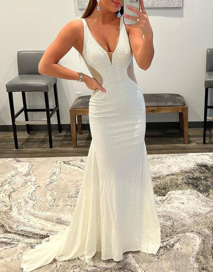 Tonya | White Mermaid V-Neck Beaded Long Prom Dress