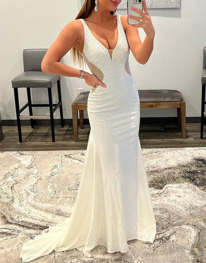 Tonya | White Mermaid V-Neck Beaded Long Prom Dress