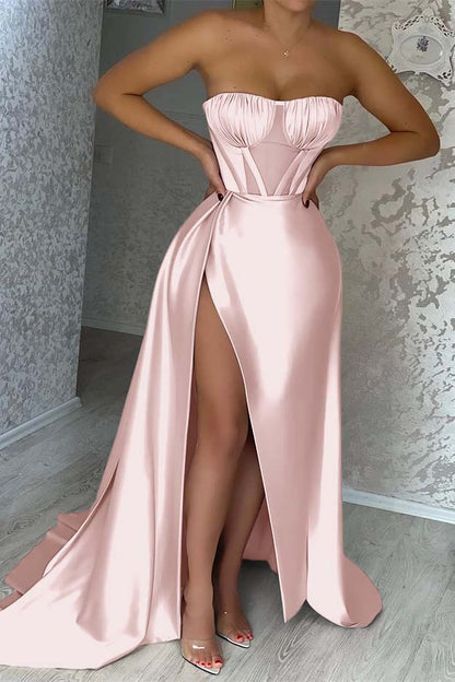 Stunning Pink Strapless Mermaid Prom Dress Pleats Ruffles With Slit ED0495